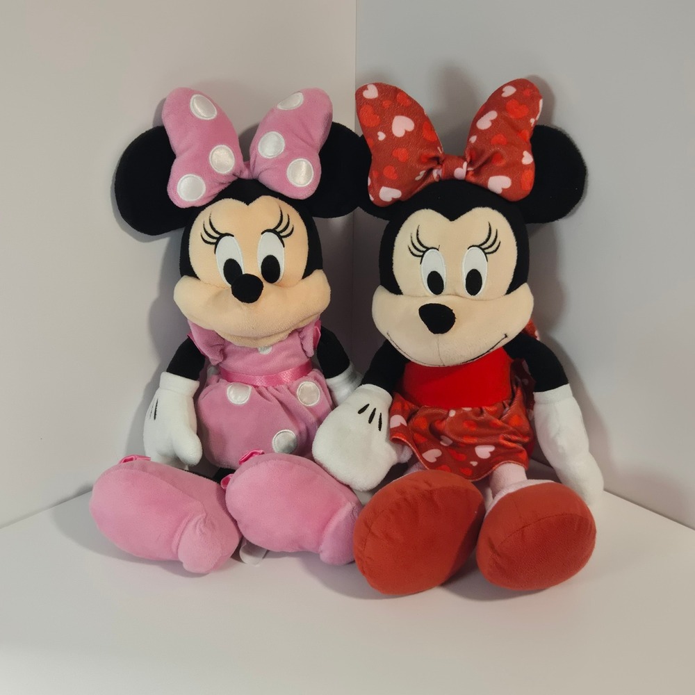 Disney Minnie Mouse Plush Set 2 Pack 18in Pink Polka Dot Red Heart Valentine Bow